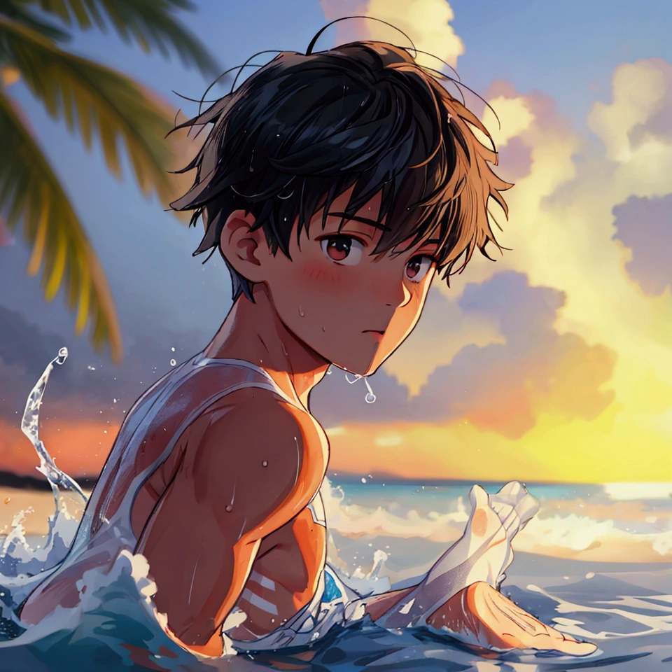 fullbody anime style young boy, athletic body, wearing a tight white really short swimsuit,  that got wet and transparent by water, at the beach