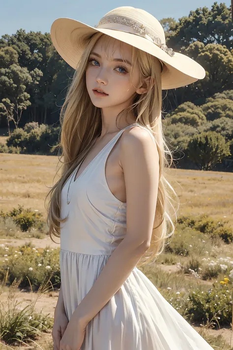 blonde woman with long hair and bangs, blue eyes, hat on her head, white dress, looking at someone, fearless look, field scene