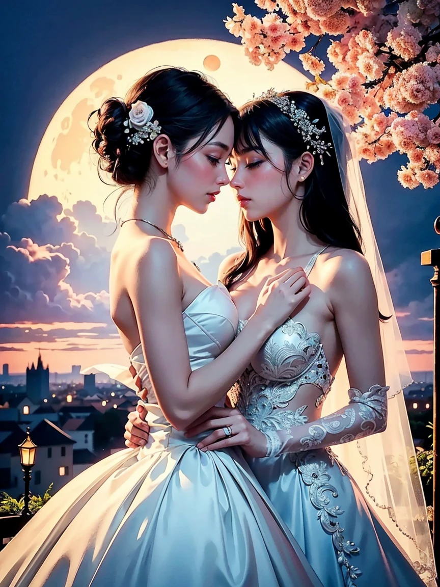 (masterpiece, highest quality, official art, beauty and aesthetic, the most important work), perfect anatomy, perfect hands, two stunning bride is deeply in love with each other, kiss, romantic atmosphere, flower and moon, magnificent panorama view