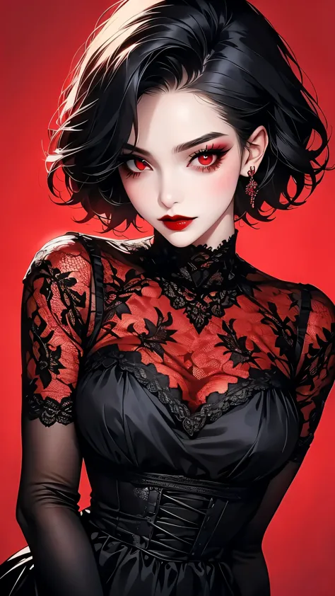 in love with the viewer,1girl, black colored hair, red eyes, solo, lace, red lips, lace trim, lace-trimmed dress, elbow gloves, ...