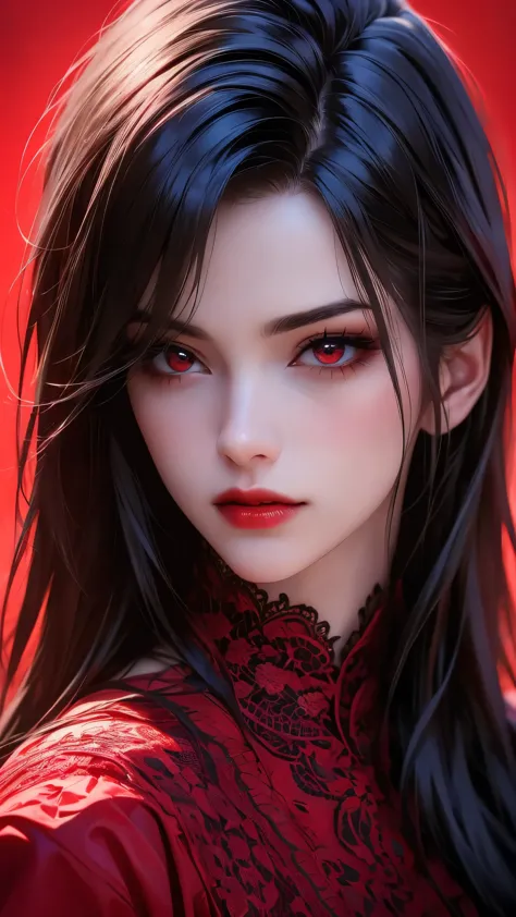 a beautiful vampire girl with black hair and red eyes, wearing a lace-trimmed red dress and elbow gloves, looking directly at th...