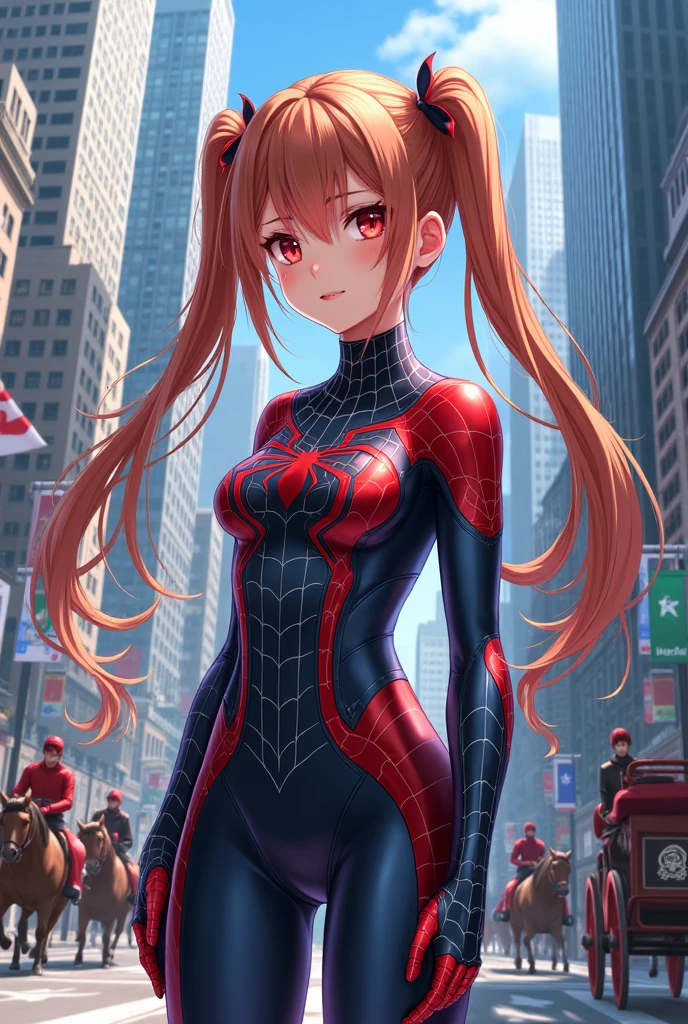 (work of art, best qualityer), details Intricate, 8k, art station, wall-paper, offcial art, splash art, sharp focus,, 1 girl, long hair, twintails, Eyes red, chestnut hair, ,  spider suit, spiderweb printing, spiderweb,  , skyscrapers, citys, buildings, carriages, Street,