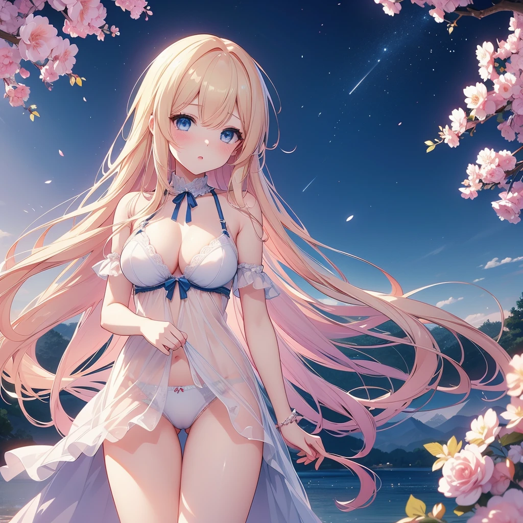 Anime Girls, Anime Style 4 k, Digital anime illustration, digital anime art, Anime Style. 8k, Anime Moe Art Style, anime art wallpaper 4k, anime art wallpaper 4k, Anime Style illustration, Smooth anime CG art, detailed digital anime art, Anime Art Wallpapers 8K, Realistic Anime 3D Style、One girl, lingerie、Sheer white underwear、blondes、Blushing, Blue eyes, Nipple erection、Sensual facial expression、Large Breasts