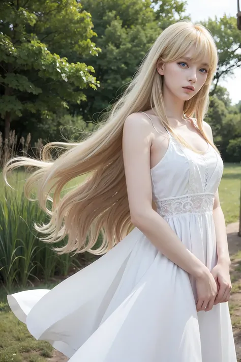 blonde woman with long hair and bangs, blue eyes, white dress, looking at someone, fearless look, field scene