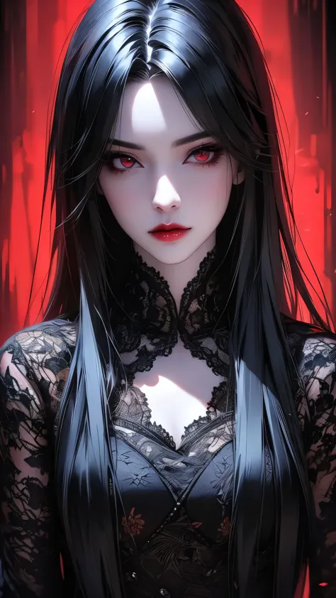 a beautiful vampire girl with black hair and red eyes, wearing a lace-trimmed red dress and elbow gloves, looking directly at th...