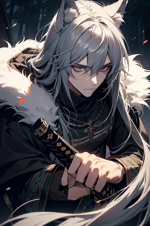 1male, calm, adult, 3 face, spy/ladron medieval, messy semi long hair with bangs, gray fur, emerald eyes, silver accessories, wears black sleeveless clothing, adult face, medieval times, close up, two hands, adult face, calm. wolf ears and tail. with an unsheathed katana, ready to attack. Background gloomy forest, with shadows surrounding it, reflecting his life as a spy and his mysterious nature.