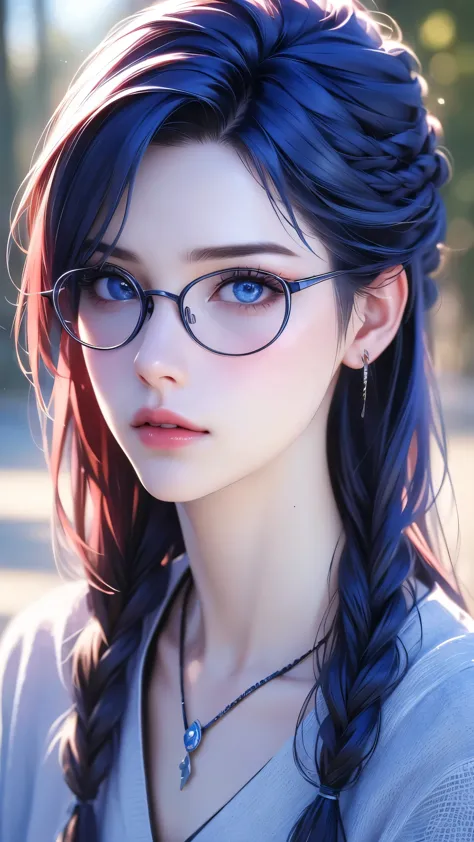 1girl, solo, glasses, long hair, choker, necklace, pendant, parted lips, braid, lips, blue with red hair, looking at viewer, rou...