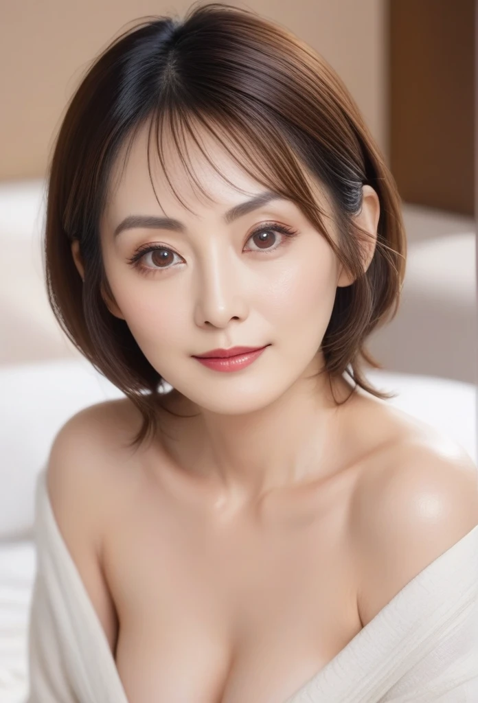 High resolution, Shortcuts, Mature Woman,((Center Parting)),50-year-old women,masterpiece, Highest quality, Ultra high definition, Textured skin, Droopy eyes,Thin lips,black eye,((Mole under left lip, beauty mark)),Thin eyebrows,Thin eyebrows,Japan female in her 60s,Narrow forehead,((Too thin,Too thin eyebrows)),Loose jaw,Low Nose,Deep-set eyelids,very droopy eyes,Slightly droopy thin eyebrows,Small Mouth, droopy eyebrows,Nasolabial folds,Droopy eyes, hooded eyes, wrinkles around the eyes,((full body)),Beautiful legs,thin lower lip,bed room, (full body shot),((background,bed room))