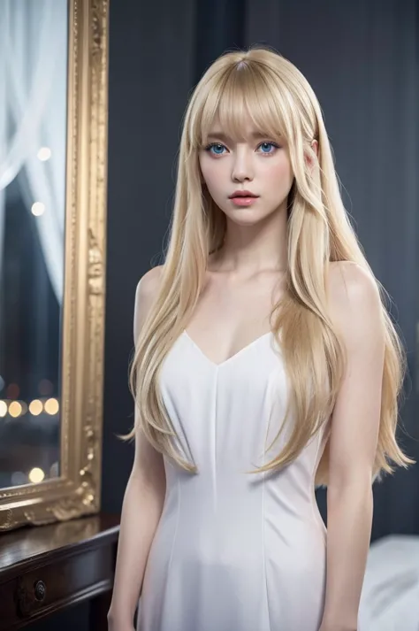 blonde woman with long hair and bangs, blue eyes, white dress with golden details, looking at someone, fearless look, dark scene...