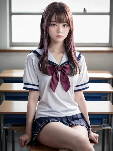 a young woman, 1, with long purple hair, wearing a sailor uniform, sitting in a classroom (school 1.5 in the background) (seriou...