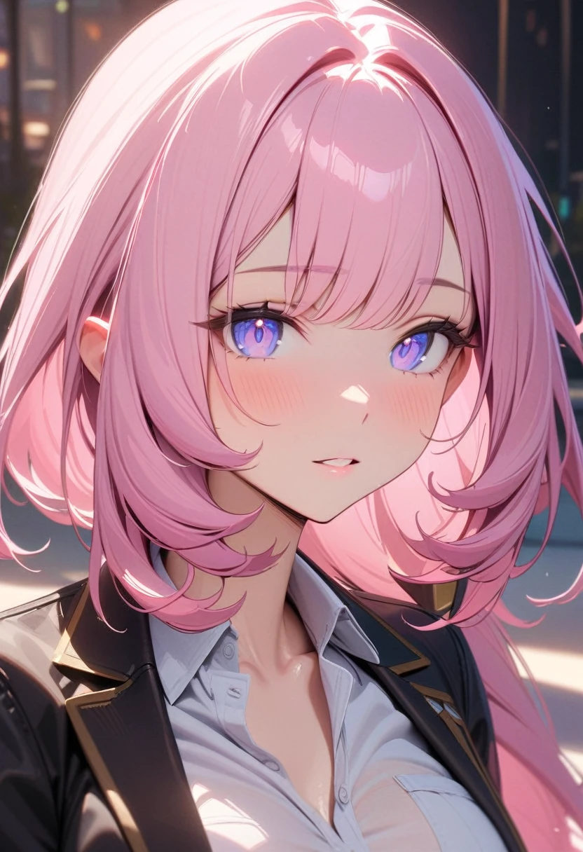 masterpiece, top quality, Super details, 8K, Detail lights, Detailed shadows, (real: 1.2),, 1 girl, wearing white shirts and black blazer, purple eyes, moderate breast, elysia, portrait , pink hair,
Parted Lips, POV, Masterpiece, Anatomically Correct