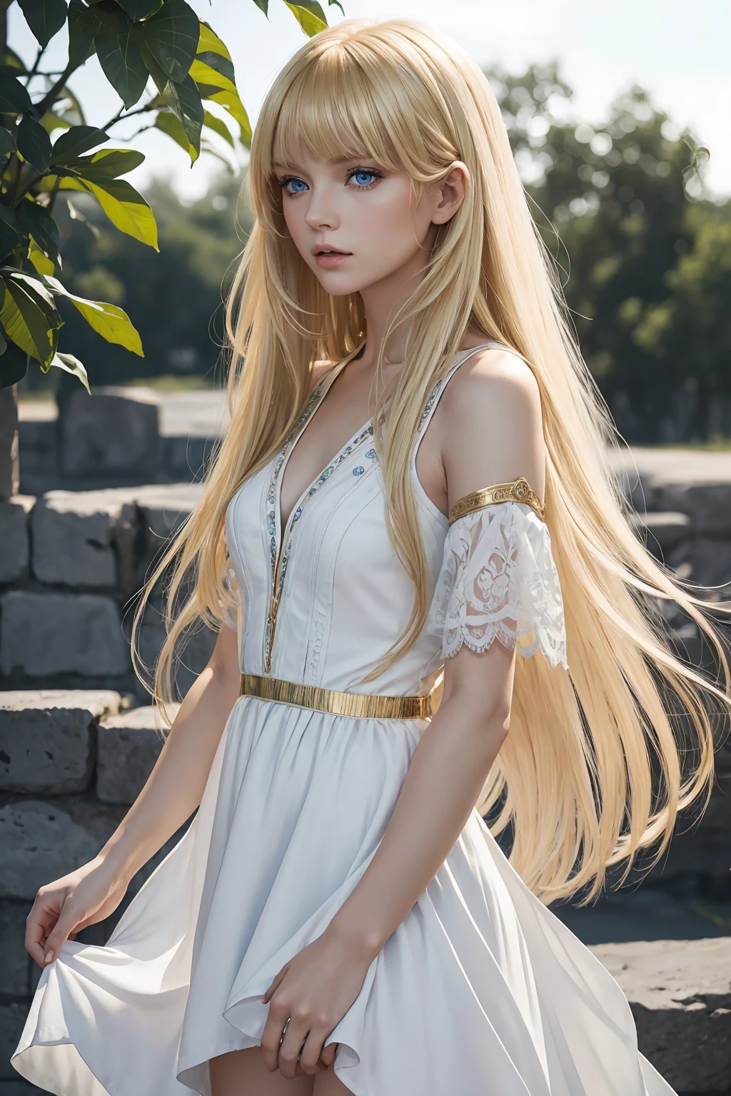 Blonde woman with long hair and bangs, blue eyes, white dress with golden details, looking at someone, fearless look, dark scenery