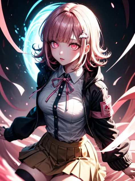 1girl, solo,chiaki nanami, blunt bangs, pink hair, hair ornament, medium hair, (glowing eyes:1.5), black shirt, black jacket, ja...