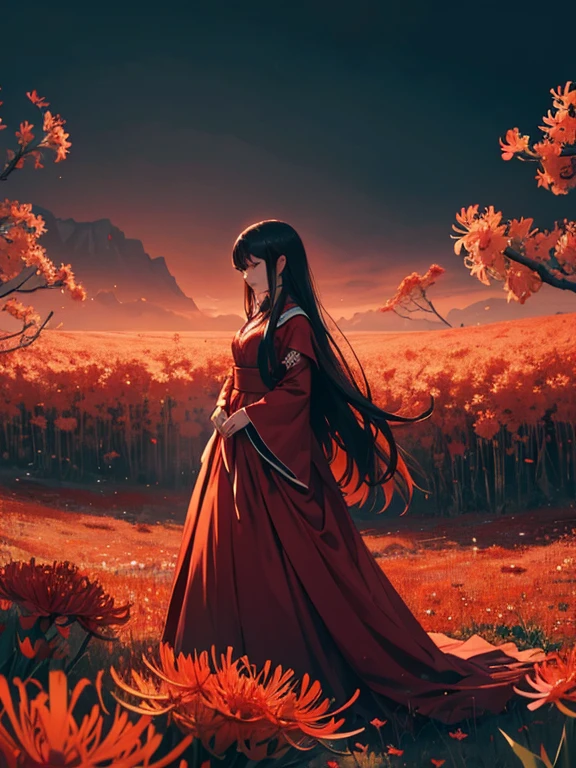 In the heart of a vast field of blooming red spider lilies (higanbana), a woman stands alone, her figure striking against the sea of vivid flowers. She wears a flowing, deep crimson dress that matches the brilliant red of the blossoms surrounding her. The delicate petals of the higanbana, known for their eerie beauty, sway gently in the soft breeze, creating a surreal and hauntingly beautiful atmosphere.

The woman's dress billows slightly in the wind, its rich fabric cascading like liquid fire down her frame, blending seamlessly with the sea of red flowers. Her posture is calm, almost regal, as she gazes ahead with an air of quiet intensity, her silhouette framed by the stark contrast of the vivid blooms and the overcast sky above.

The field stretches endlessly in all directions, a haunting landscape of scarlet, with the woman standing as a striking focal point in the center. The scene exudes a sense of melancholy and beauty, as if the woman and the flowers are intertwined in a moment frozen in time, each enhancing the other's vibrant, otherworldly presence.