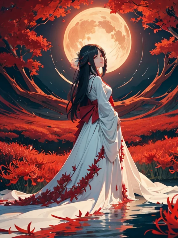 In the heart of a vast field of blooming red spider lilies (higanbana), a woman stands alone, her figure striking against the sea of vivid flowers. She wears a flowing, deep crimson dress that matches the brilliant red of the blossoms surrounding her. The delicate petals of the higanbana, known for their eerie beauty, sway gently in the soft breeze, creating a surreal and hauntingly beautiful atmosphere.

The woman's dress billows slightly in the wind, its rich fabric cascading like liquid fire down her frame, blending seamlessly with the sea of red flowers. Her posture is calm, almost regal, as she gazes ahead with an air of quiet intensity, her silhouette framed by the stark contrast of the vivid blooms and the overcast sky above.

The field stretches endlessly in all directions, a haunting landscape of scarlet, with the woman standing as a striking focal point in the center. The scene exudes a sense of melancholy and beauty, as if the woman and the flowers are intertwined in a moment frozen in time, each enhancing the other's vibrant, otherworldly presence.