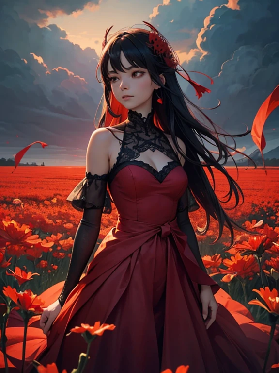 In the heart of a vast field of blooming red spider lilies (higanbana), a woman stands alone, her figure striking against the sea of vivid flowers. She wears a flowing, deep crimson dress that matches the brilliant red of the blossoms surrounding her. The delicate petals of the higanbana, known for their eerie beauty, sway gently in the soft breeze, creating a surreal and hauntingly beautiful atmosphere.

The woman's dress billows slightly in the wind, its rich fabric cascading like liquid fire down her frame, blending seamlessly with the sea of red flowers. Her posture is calm, almost regal, as she gazes ahead with an air of quiet intensity, her silhouette framed by the stark contrast of the vivid blooms and the overcast sky above.

The field stretches endlessly in all directions, a haunting landscape of scarlet, with the woman standing as a striking focal point in the center. The scene exudes a sense of melancholy and beauty, as if the woman and the flowers are intertwined in a moment frozen in time, each enhancing the other's vibrant, otherworldly presence.