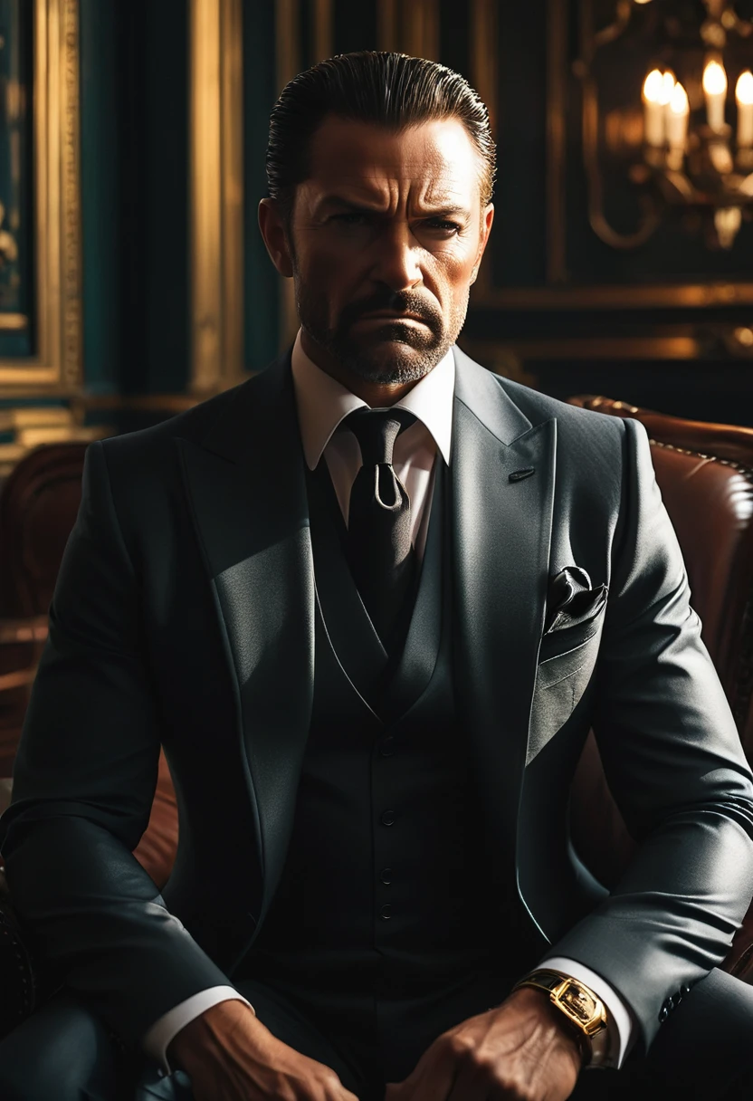 A powerful, masculine figure in his 40s, anger boiling beneath pale skin marked by fury and fear.An expensive suit,  The scene is a luxurious room, opulent, but shrouded in darkness. Shadows writhe around luxurious furniture, whispering unspoken truths. senor. Black is a man at war with himself, where anger deforms the facade of wealth and power. 