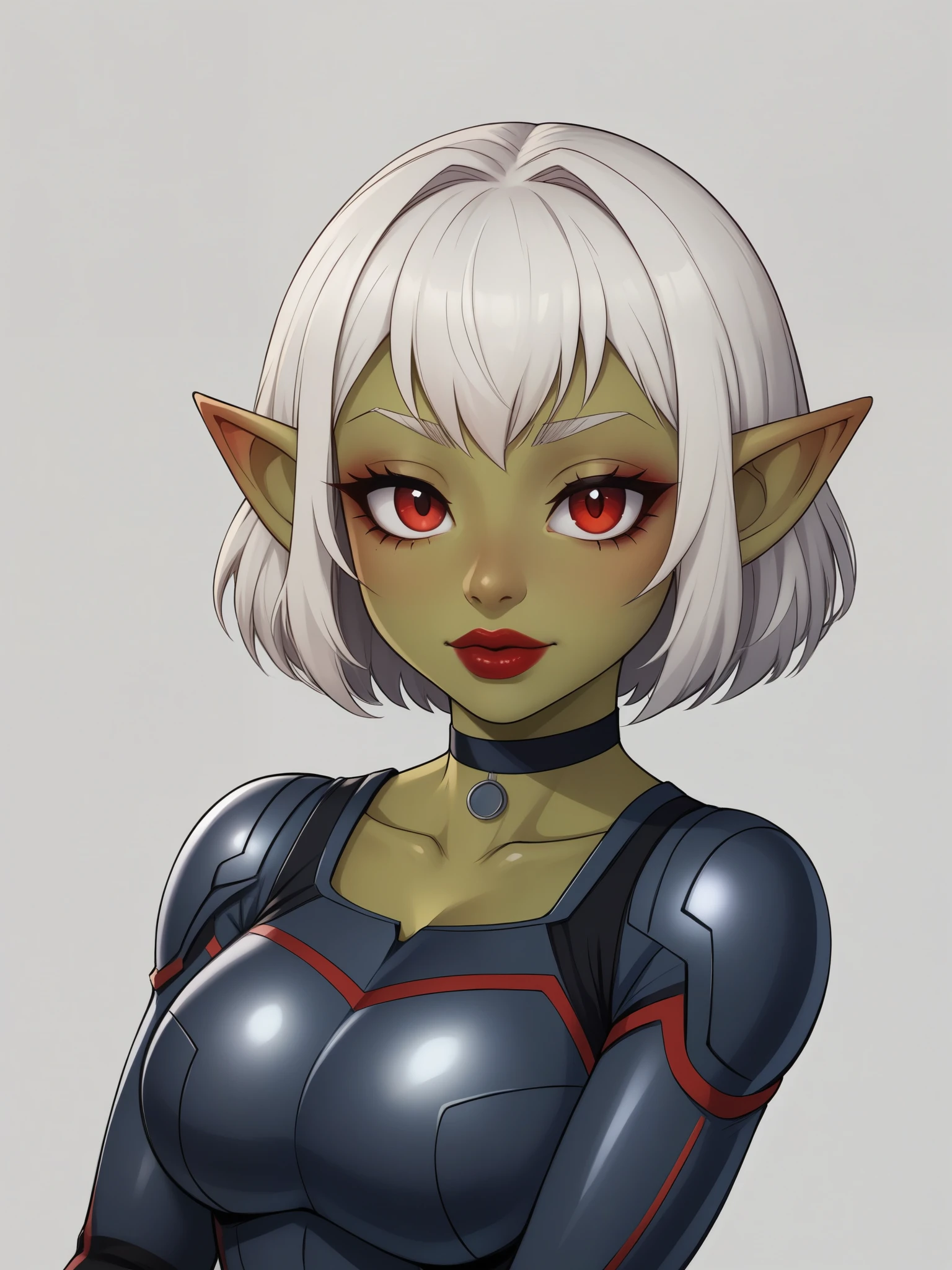 Goblin girl. red eyes. dark green skin. very short hairstyle. choker. red lips. iron suit