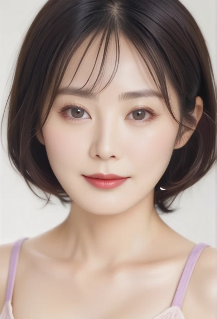 High resolution, Shortcuts, Mature Woman,((Center Parting)),50-year-old women,masterpiece, Highest quality, Ultra high definition, Textured skin, Droopy eyes,Thin lips,black eye,((Mole under left lip, beauty mark)),Thin eyebrows,Thin eyebrows,Japan female in her 60s,Narrow forehead,((Too thin,Too thin eyebrows)),Loose jaw,(Low Nose),Deep-set eyelids,((very droopy eyes)),Slightly droopy thin eyebrows,(Small Mouth), (droopy eyebrows),Nasolabial folds,Droopy eyes, hooded eyes, ((wrinkles around the eyes)),((full body)),Beautiful legs,thin lower lip,bed room, (full body shot),((background,bed room))lingerie((thin lower lip)), dim