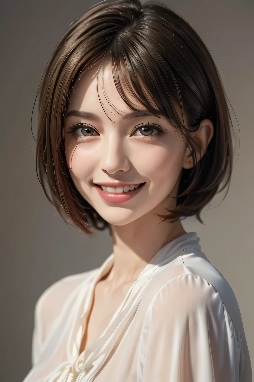 ((masterpiece)), ((Highest quality)), ((8k)), ((Surreal)), ((Realistic)), (mature), ((No classes)), Very detailed, (1 female), Beautiful and exquisite, (Beautiful Teeth), Grin, brunette pixie cut, Brown eyes, ((blouse)), (Upper Body), ((background:none)), Perfect Eyes, Captivating eyes, Looking at the audience