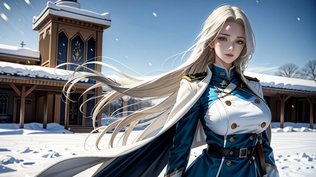 (highest resolution, distinct_image), realistic, Best quality, single person, one girl, solo, (((masterpiece))), (((high detailed eyes))), long hair, braided white blond hair, (blue military uniform underneath the coat), depth of field, (falling snow), ((big breasts)), authoritative, dignified, calm and powerful expression, ambient lighting, exquisite facial feature, (fur-trimmed white coat), open coat, short skirt, looking at viewer, head to waist, dynamic angle, light smile, ((from front)), ((quiet and spacious plaza in background))