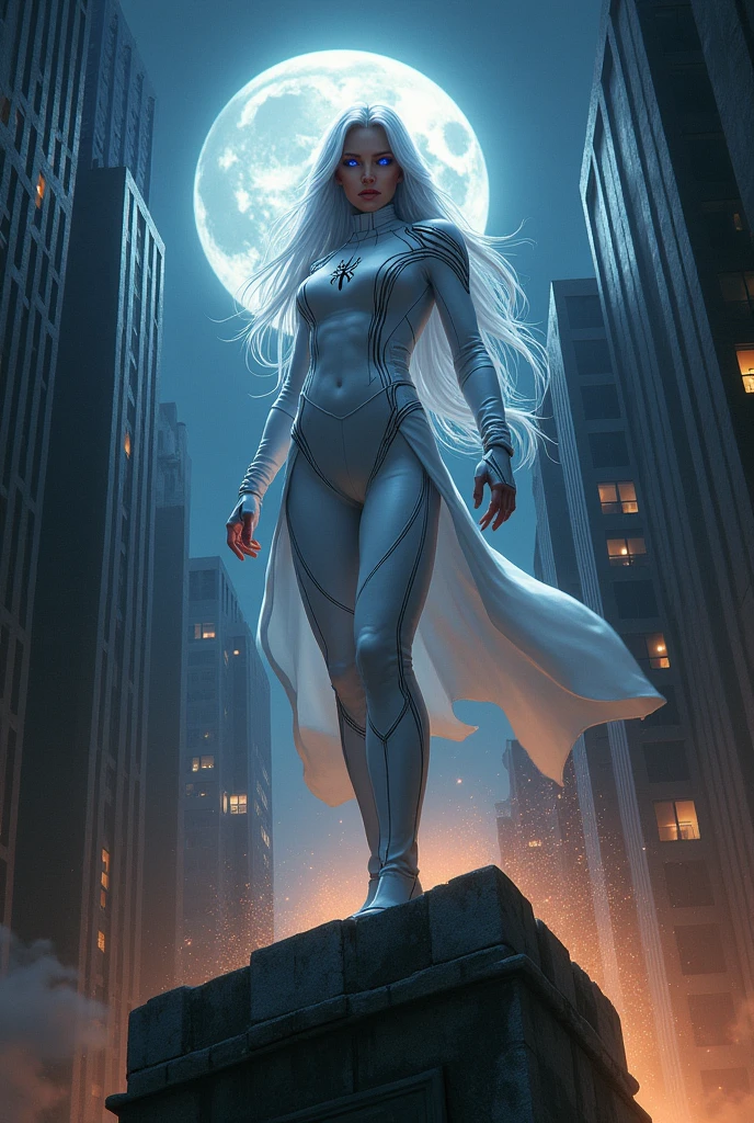 (Masterpiece, 4K resolution, ultra-realistic, highly detailed), (White costume superhero theme, charismatic, girl on top of the city, wearing white Spider-Man costume, superheroine), [((2), (long white hair:1.2), full-body, (blue eyes:1.2), (Spider-Man dynamic poses) ((gritty urban environment):0.8)| (urban landscape, nighttime, dynamic lights), (full moon))]