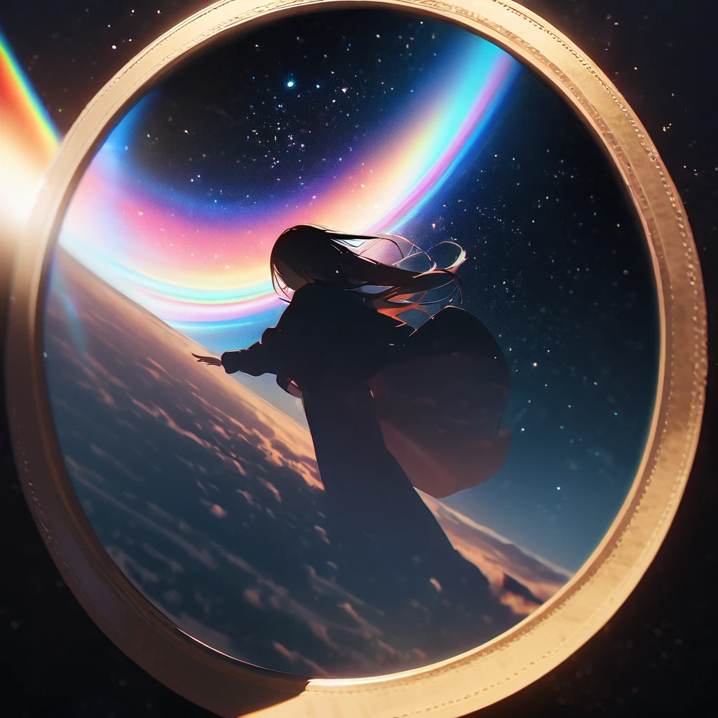 8k,非常に精細なCGユニットのwallpaper, masterpiece,High resolution,Highest quality,Highest quality real texture skin,Surreal,Increase the resolution,RAW Photos,Highest quality,Very detailed,wallpaper,Cinema Lighting,Ray-tracing,Golden Ratio, break ,Many stars shine beautifully in the vast outer space., Long exposure of the starry sky、Many spiral orbits are shown in the image., In a ponytail、The silhouette of a young girl with long hair、Fly through the starry sky、One hand stretched out upwards、Looking up, Photo taken from a distance, Picture below, Beautiful kaleidoscope-like multiple exposures overlapping each other、A fantastic rainbow-colored light shines through the girl&#39;s hair.、Andromeda meteor shower、