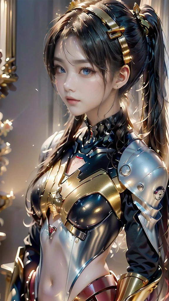 Long, straight hair with side ponytails, red futuristic suit with black and gold accents, hair accessories matching the suit, indoor setting with soft, warm lighting, slightly diffused shadows, overall confident and poised atmosphere, close-up shot with a shallow depth of field focusing on the details of the outfit and hair, Asuka, Neon Genesis Evangelion,.