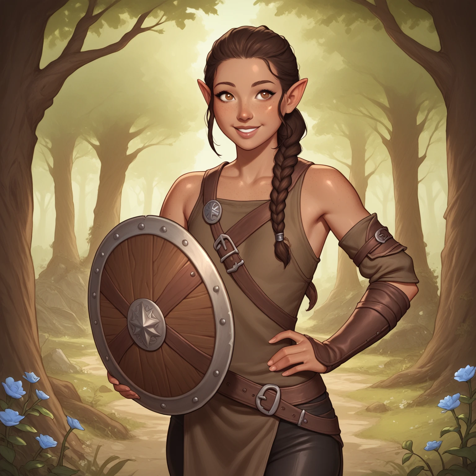 (((beautiful, high quality, perfect eyes, comics style, semi-realistic, detailed face))), score_9, score_8_up, score_7_up, BREAK 1girl, solo, Tevvi, half-elf female, Druid, dungeons & dragons, DnD, dark skin, freckled skin, Chestnut-brown hair, big dark-brown "doe" eyes, hair pulled back, ponytail, braid, stray strands of hair, lovely easy smile, youthful features, young face, flat chested, budding breasts, brown leather armor, buckskin leggings, brown leather boots, well-crafted, etched design on leather, carrying curved sword, well-crafted, 1 small round wooden shield, braided vines on shield, vines with flowers on them, protected by magic, forest background