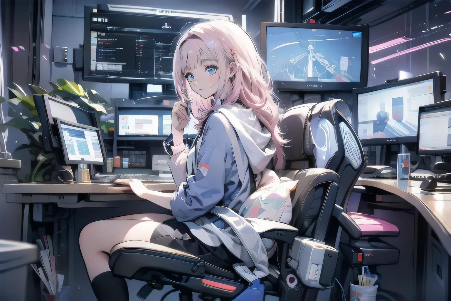 Relaxed pose, long straight hair, oversized black hoodie with blue and red futuristic details, black thigh-high socks, sitting in a high-tech control room, multiple monitors displaying data and graphics, dark interior with blue and pink neon lighting, looking away from the camera, laid-back and tech-savvy atmosphere, side view, soft focus on surroundings, sharp focus on the subject.
