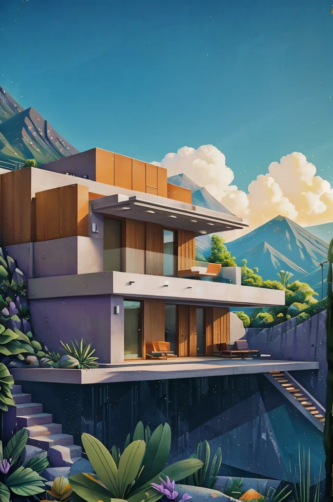 small and beautiful modern house in top of big boulders, terraces, pool, stairs, multiple cacti gardens, palms, trees, rocks, beautiful landscape design, mountains and volcano y background, amazing clouds, sun, moon, planets, milky way galaxy, concrete, wood, glass and steel materials, olive green, violet, orange and withe colors in facade