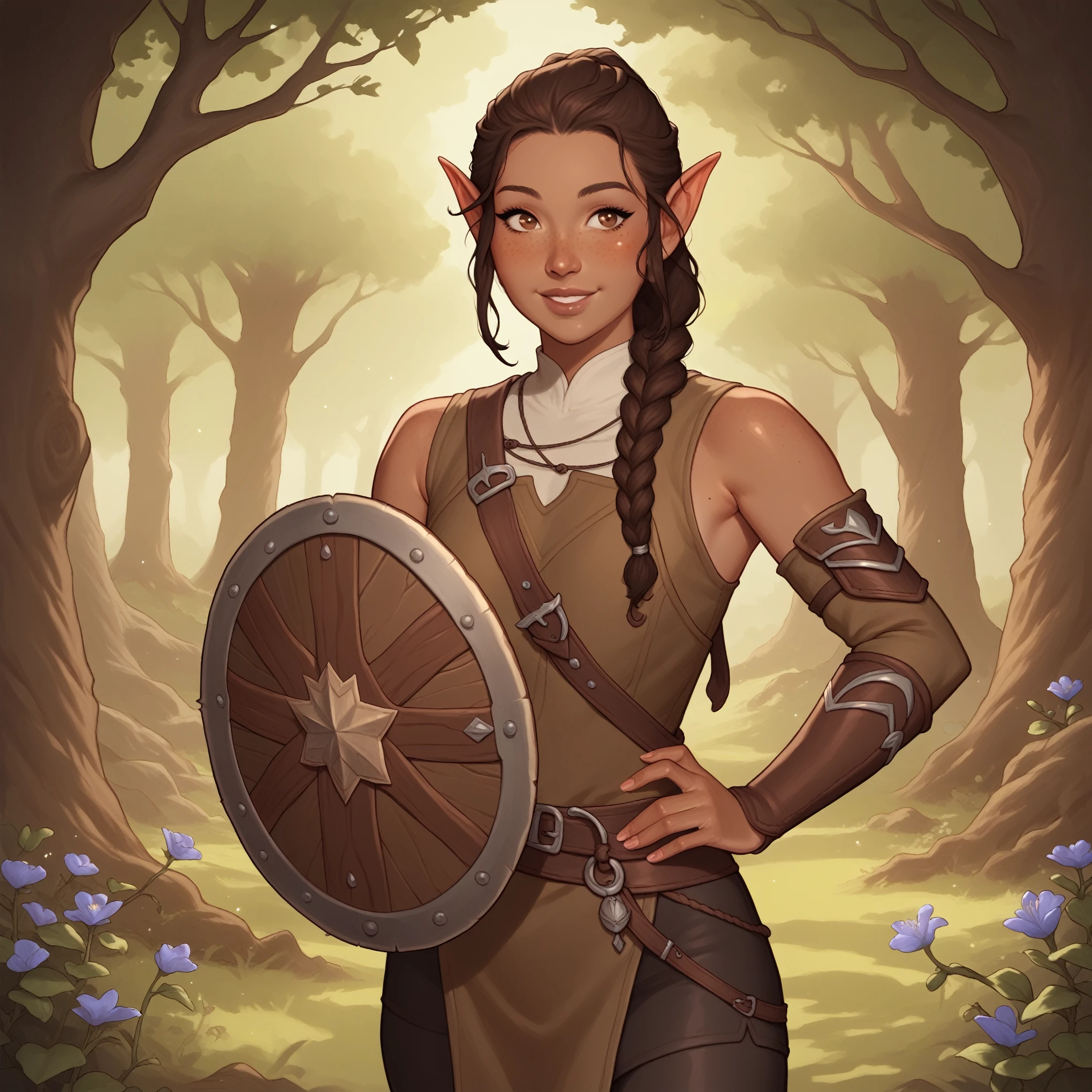 (((beautiful, high quality, perfect eyes, comics style, semi-realistic, detailed face))), score_9, score_8_up, score_7_up, BREAK 1girl, solo, Tevvi, half-elf female, Druid, dungeons & dragons, DnD, dark skin, freckled skin, Chestnut-brown hair, big dark-brown "doe" eyes, hair pulled back, ponytail, braid, stray strands of hair, lovely easy smile, youthful features, young face, flat chested, budding breasts, brown leather armor, buckskin leggings, brown leather boots, well-crafted, etched design on leather, carrying curved sword, well-crafted, 1 small round wooden shield, braided vines on shield, vines with flowers on them, protected by magic, forest background