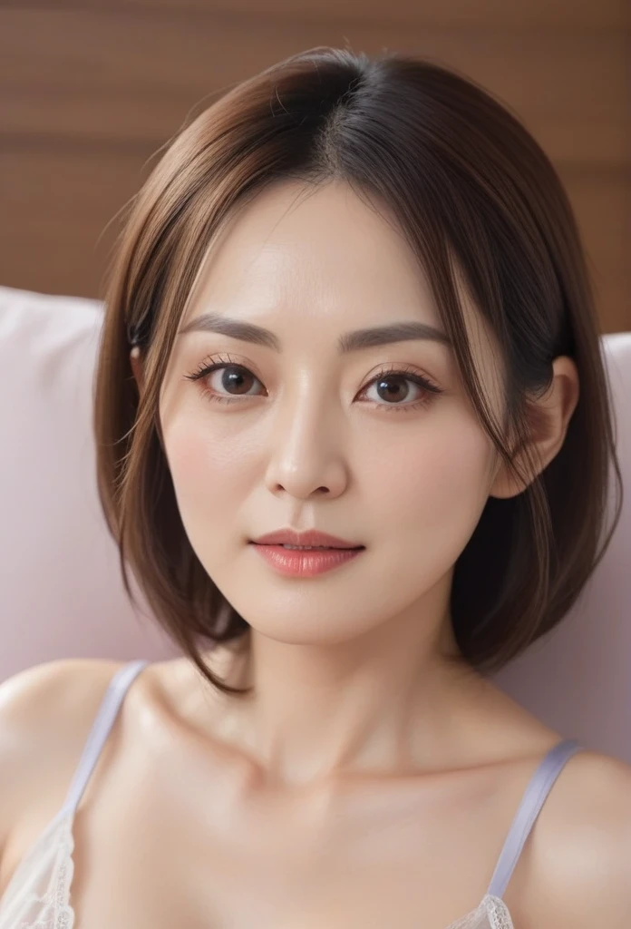 High resolution, Shortcuts, Mature Woman,((Center Parting)),(((50-year-old women))),masterpiece, Highest quality, Ultra high definition, Textured skin, Droopy eyes,Thin lips,black eye,((Mole,under left lip, beauty mark)),Thin eyebrows,Thin eyebrows,(Japan female in her 60s),Narrow forehead,((Too thin,Too thin eyebrows)),Loose jaw,(Low Nose),Deep-set eyelids,((very droopy eyes)),Slightly droopy thin eyebrows,(Small Mouth), (droopy eyebrows),Nasolabial folds,Droopy eyes, hooded eyes, ((wrinkles around the eyes)),((full body)),Beautiful legs,thin lower lip,bed room, (full body shot),((background,bed room))lingerie((thin lower lip)), dim,wet,ノーメイク, low eyebrows, troubled eyebrows,目のシワ