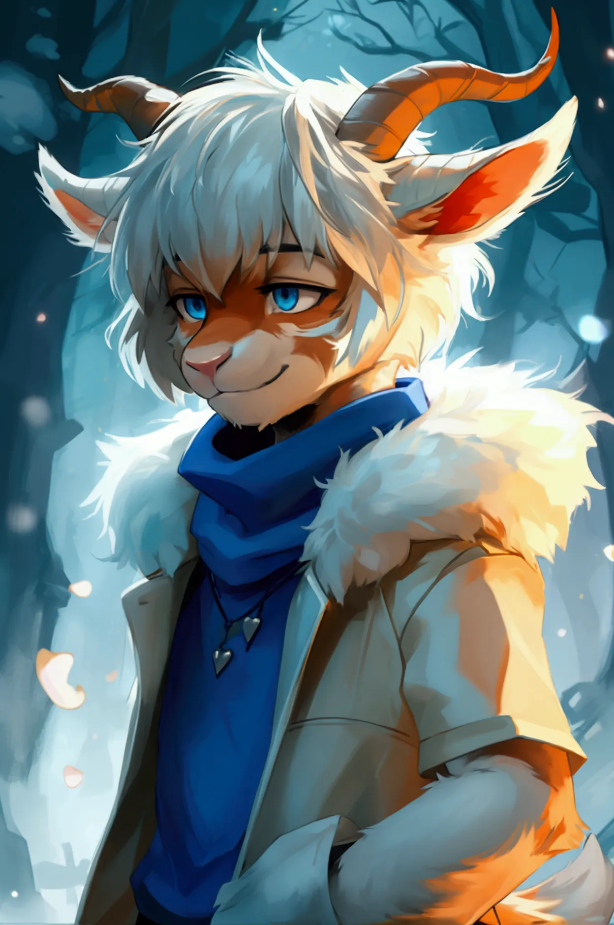 a boy, teenager, innocent, alone, asriel, undertale (asriel dreemurr), smile, eskimo coat (blue coat, no drawing), tall, hairy, ...