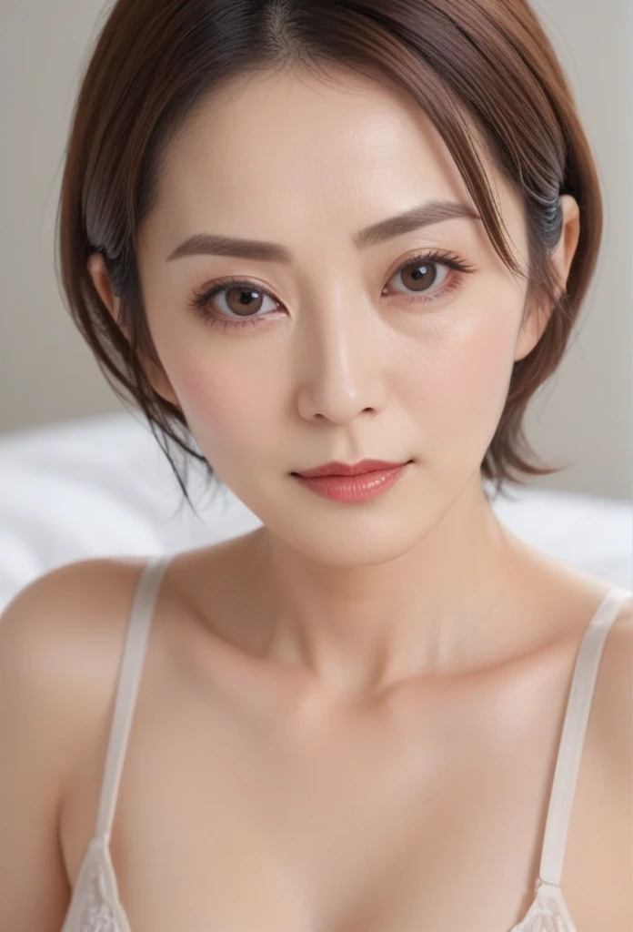 High resolution, Shortcuts, Mature Woman,((Center Parting)),(((50-year-old women))),masterpiece, Highest quality, Ultra high definition, Textured skin, Droopy eyes,Thin lips,black eye,((Mole,under left lip, beauty mark)),Thin eyebrows,Thin eyebrows,(Japan female in her 60s),Narrow forehead,((Too thin,Too thin eyebrows)),Loose jaw,(Low Nose),Deep-set eyelids,((very droopy eyes)),Slightly droopy thin eyebrows,(Small Mouth), (droopy eyebrows),Nasolabial folds,Droopy eyes, hooded eyes, ((wrinkles around the eyes)),((full body)),Beautiful legs,thin lower lip,bed room, (full body shot),((background,bed room))lingerie((thin lower lip)), dim,wet,ノーメイク, low eyebrows, troubled eyebrows,目のシワ