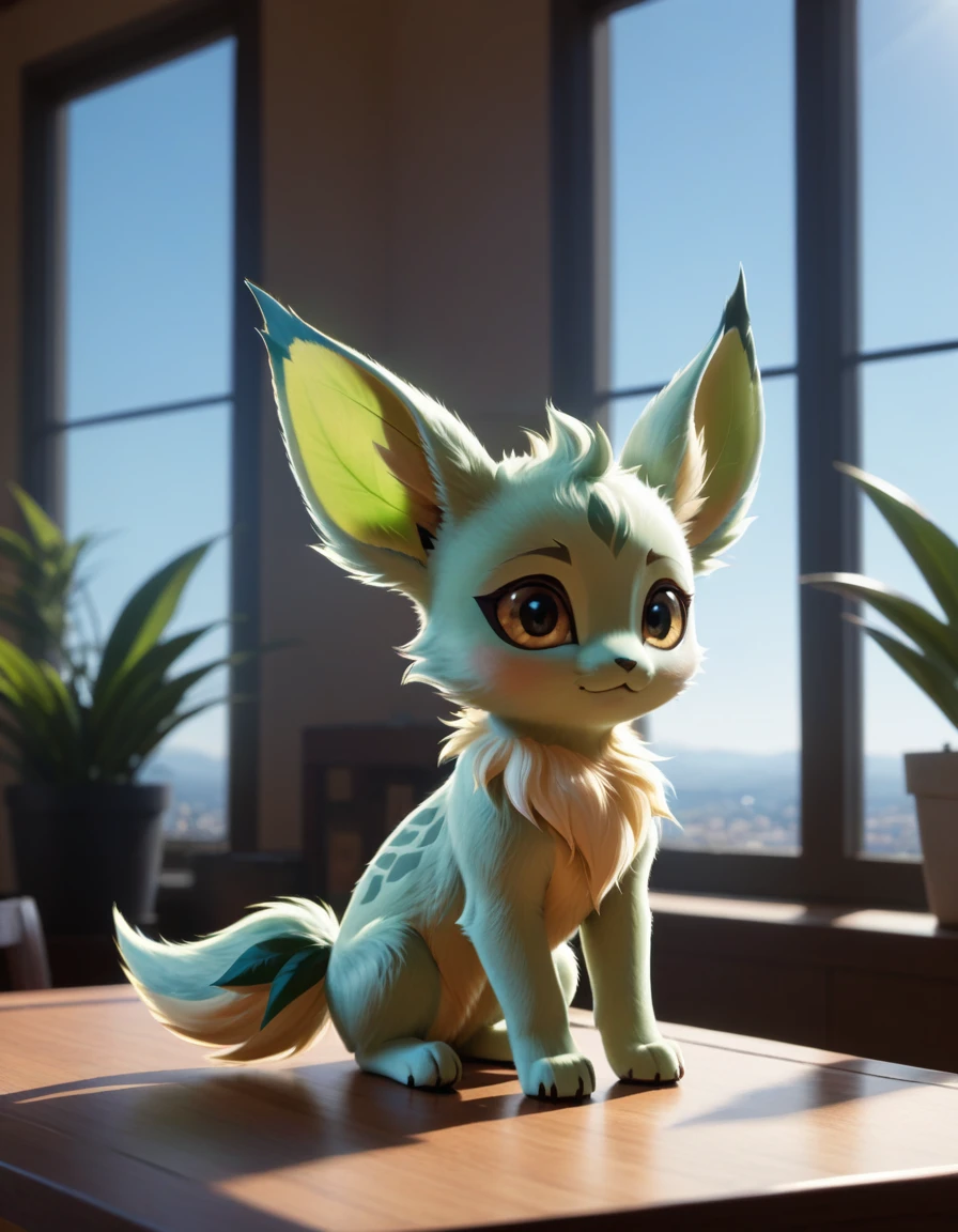 feral chibi (toony, leafeon, \:\3:1.25), black dot eyes, sitting, full-length portrait, front view, close-up, BREAK, room, window, plant, table, blue sky, inside, ambient silhouette, backlighting, detailed background, depth of field, masterpiece, best quality, light, 4k, 2k, (high detail:1.25), shaded, photography