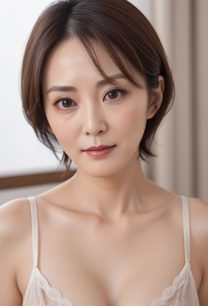 High resolution, Shortcuts, Mature Woman,((Center Parting)),(((50-year-old women))),masterpiece, Highest quality, Ultra high definition, Textured skin, Droopy eyes,Thin lips,black eye,((Mole,under left lip, beauty mark)),Thin eyebrows,Thin eyebrows,(Japan female in her 60s),Narrow forehead,((Too thin,Too thin eyebrows)),Loose jaw,(Low Nose),Deep-set eyelids,((very droopy eyes)),Slightly droopy thin eyebrows,(Small Mouth), (droopy eyebrows),Nasolabial folds,Droopy eyes, hooded eyes, ((wrinkles around the eyes)),((full body)),Beautiful legs,thin lower lip,bed room, (full body shot),((background,bed room))lingerie((thin lower lip)), dim,wet,ノーメイク, low eyebrows, troubled eyebrows,目のシワ