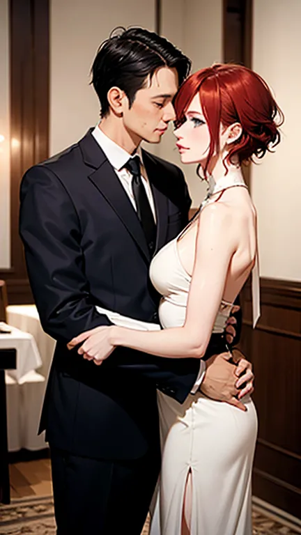 married couple, romantic dinner, 1woman, sexy dress, red hair, green eyes, pale skin, 1man, pinstripe suit, short hair,