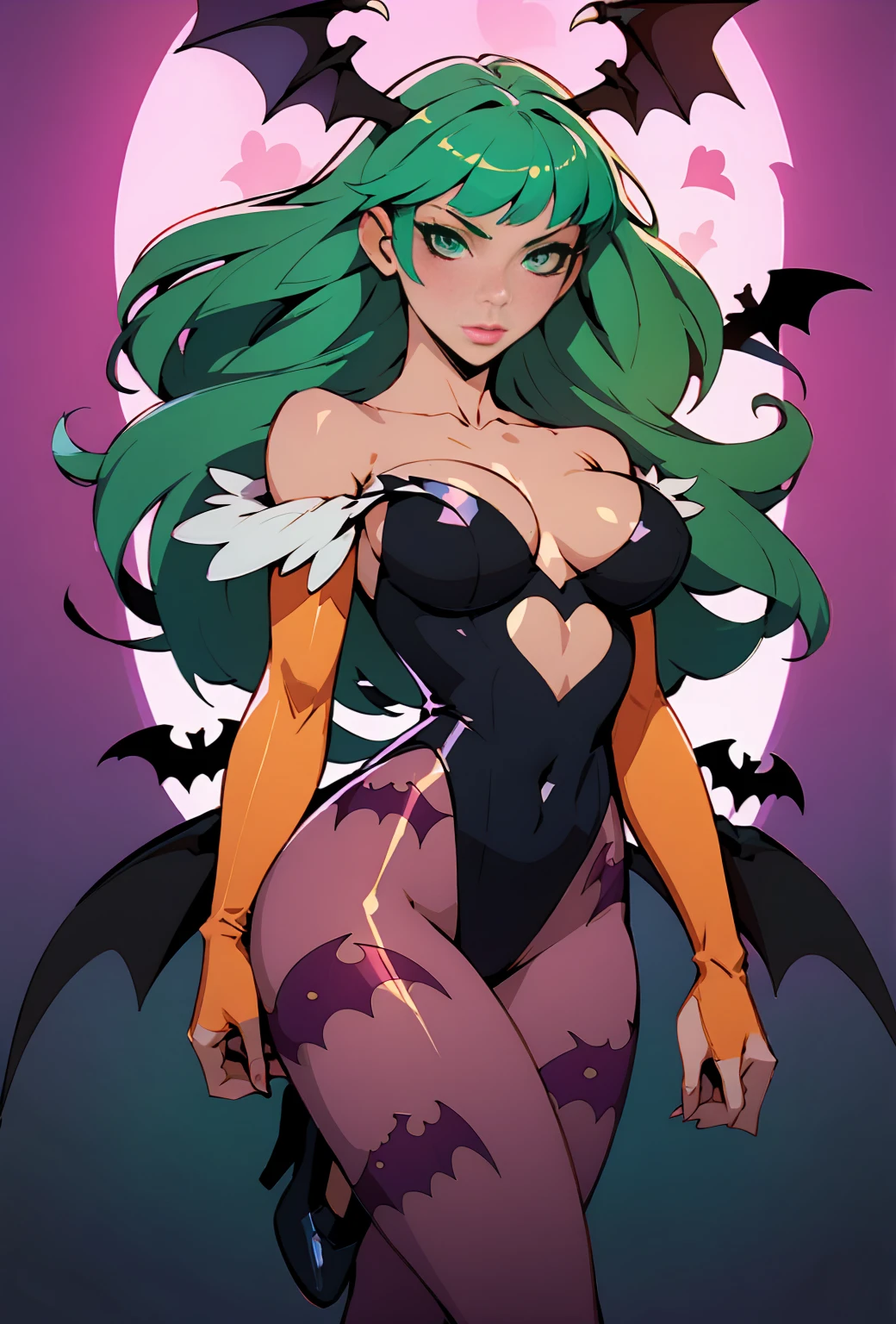 (masterpiece:1.2, best quality), (real picture, intricate details), Madisonivyquiron woman,wearing morrigan_aensland_aiwaifu,green_eyes,green_hair,breasts,bangs,demon_girl,head_wings,long_hair,wings,animal_print,pantyhose,bat_print,bat_wings,print_legwear,bridal_gauntlets,leotard,bare_shoulders,cleavage,large_breasts,black_wings,orange_gloves,thong_leotard,black_footwear,bat print,clothing_cutout,purple_wings,heart_cutout,low_wings,black_leotard,bat,highleg_leotard,purple_legwear,highleg,demon_wings,feather_trim,gloves,koakuma,cutout_above_navel,thighs,collarbone,