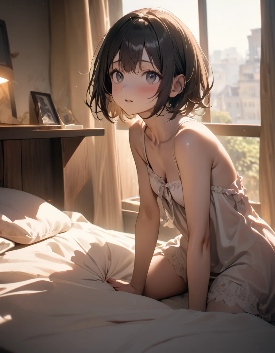 8k,非常に精細なCGユニットのwallpaper, masterpiece,High resolution,Highest quality,Highest quality real texture skin,Surreal,Increase the resolution,RAW Photos,Highest quality,Very detailed,wallpaper,Cinema Lighting,Ray-tracing,Golden Ratio, break ,One girl、Lying in bed, Looking at the ceiling、A young girl in a negligee、Grabbing the pure white sheets with one hand、The other hand is stretched upwards、Looking up, Photo taken from a distance, Picture below, The reason for the blushing and enduring gesture、Writhing、Repeatedly taking a deep breath、Her clothes were in disarray and her bare skin was exposed.、The exhausted girl exuded a fantastical charm.、