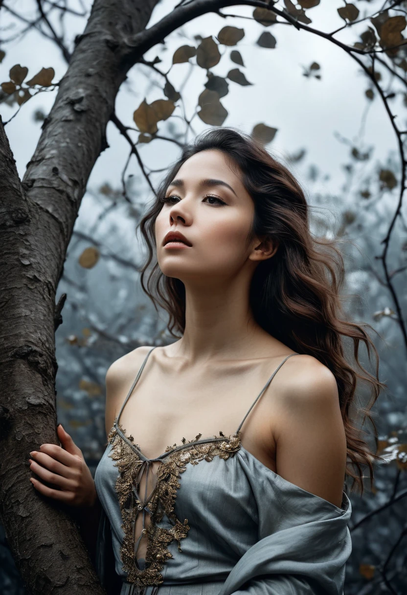 Full portrait, (Full body), Realistic, Photorealistic, analog photo, Highly detailed, cinematic rendering, Wild Dead Forest, evening, Cute asian woman, Leaning back in a tree and looking up at the grey cloudy sky, (long dark hair), Naked, Black leaves float in the air, Behold, the glittering particles flutter, classical painting composition, Dark gloomy background, An atmosphere of melancholy and sadness, surreal photo, by Alphonse Mucha, detailed perfect face, Melancholic eyes, Faded colors, cinematic  composition