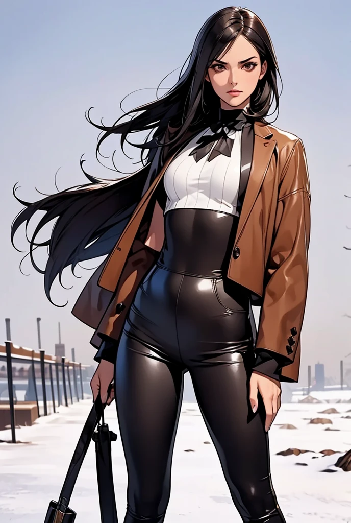 women, dark brown slanted eyes, straight black hair, slim, strong complexion, Brown jacket, black leather pants, holding a bow in his right hand, black boots. serious expression, frown, closed lips, in the background a snowy place