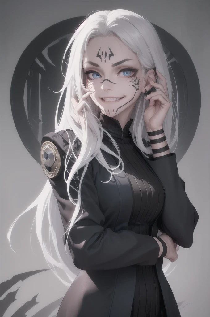 (masterpiece, best quality:1.2), upper body, solo, 1girl, sukunatattoo, evil grin, looking at viewer, hand on own face, long hair, white hair, blue eyes, extra eyes, v-shaped eyebrows, black jacket, long sleeves, dark lighting, caustics 