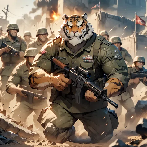 dynamic angle, dynamic pose, military, 3 sergeant, plump middle-aged tiger man, standing, fighting, set up  assault rifle, brown...