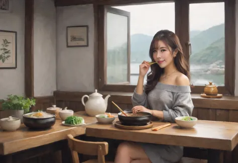 a cute yuna (age 25, off the shoulder sweater, miniskirt, matching heels, no bra) she is seated at a table happily eating hot po...