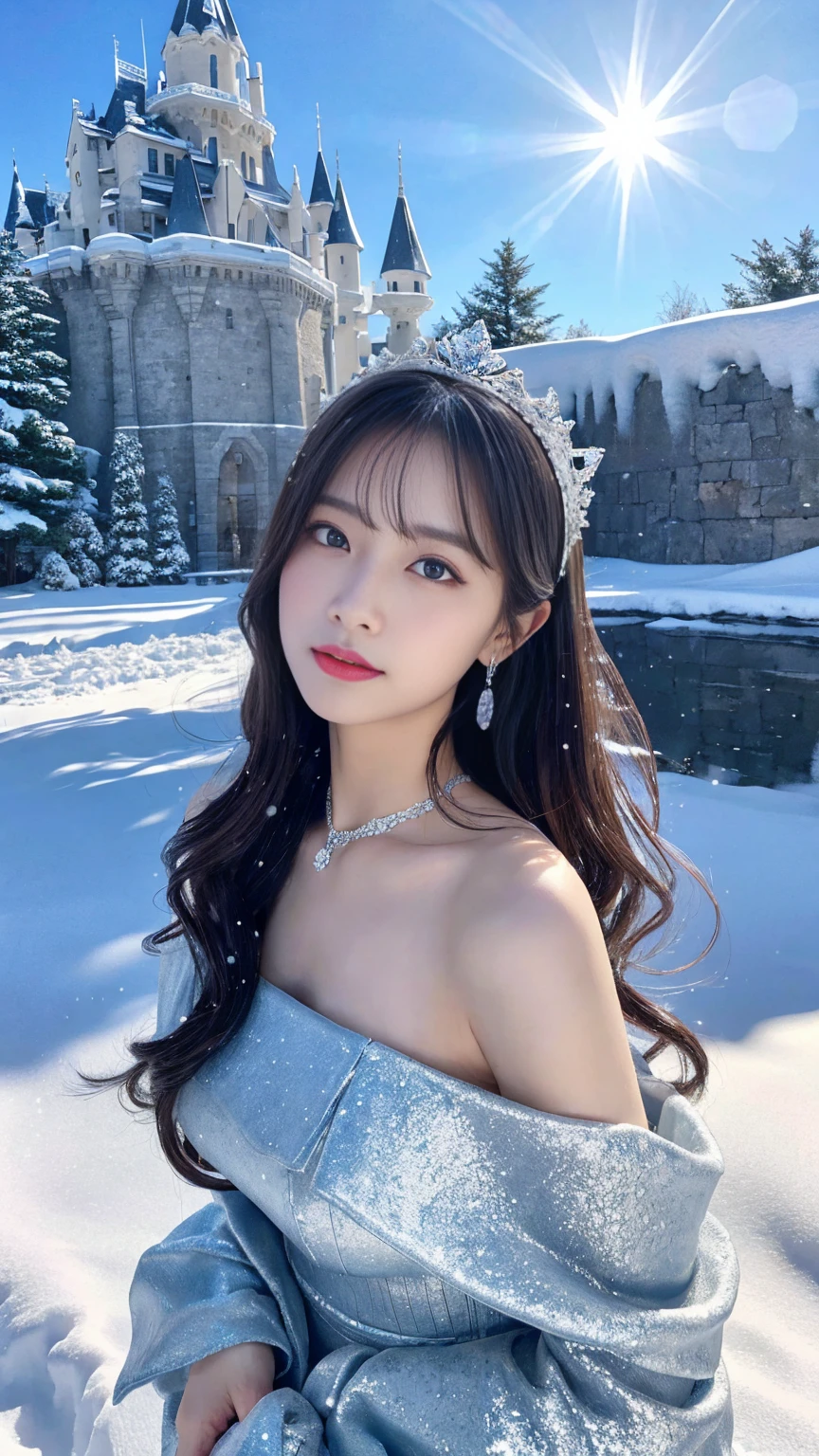 (masterpiece、Highest quality、8k、1、RAW Photos)、(Professional Lighting)、Spotlight, Award-winning portraits、pure、Japanese、A luxurious sky-blue dress、(Big Breasts)、Gray Hair、blue eyes、Off-the-shoulder dress、((A big ice castle)), ((Snow-covered landscape, Snowstorm, Diamond dust)), ((Glittery dresses)) , Long Hair, Hair blowing in the wind, The western sun shines, Put the tiara on your head，Snowstorm