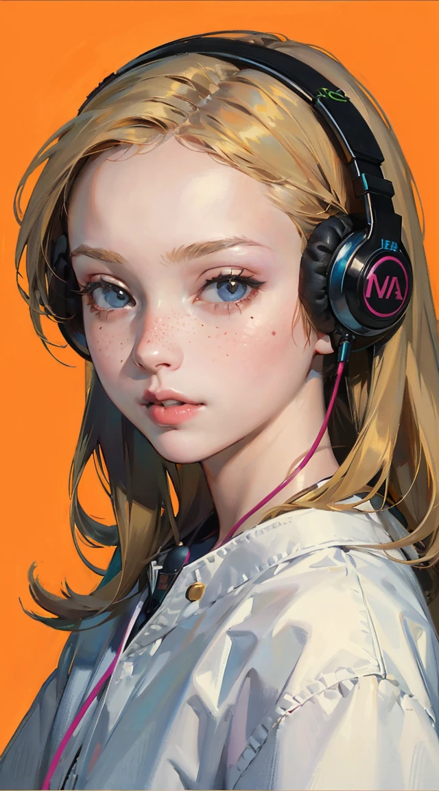 (masterpiece、Highest quality: 1.2)、1 girl、、Anime Style、Blonde、Pink Lips、Freckles、Headphones、In the style of a leading portraitist、Orange background。