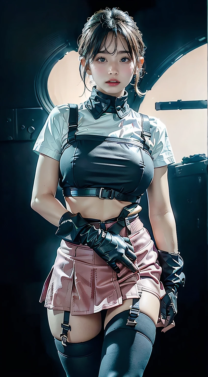 (Top Quality, Ultra High Definition, Photorealistic:1.4), (cowboy shot:1), 1 Beautiful Armed Girl, (Kpop Idol), Detailed Face, (Hair Style: Pink:1, fullbang, shortbob-style:1), Contrapposto, Perfect Anatomy, plump:1.2, ((wearing Futuristic Police Racing Suits, low-mini-skirt, police wappen, High-tech Headset, military harness, racing gloves)), (Cloths colors based on silver pink black white), (background, crashed cars, fire, (Explosion)),