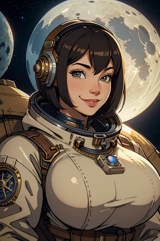 astronaut bob haircut, Big Breasts, astronaut steampunk Outfit, steampunk astronaut helm, smile, in moon