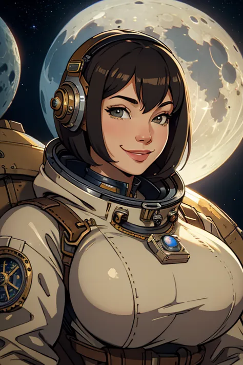 astronaut bob haircut, big breasts, astronaut steampunk outfit, steampunk astronaut helm, smile, in moon